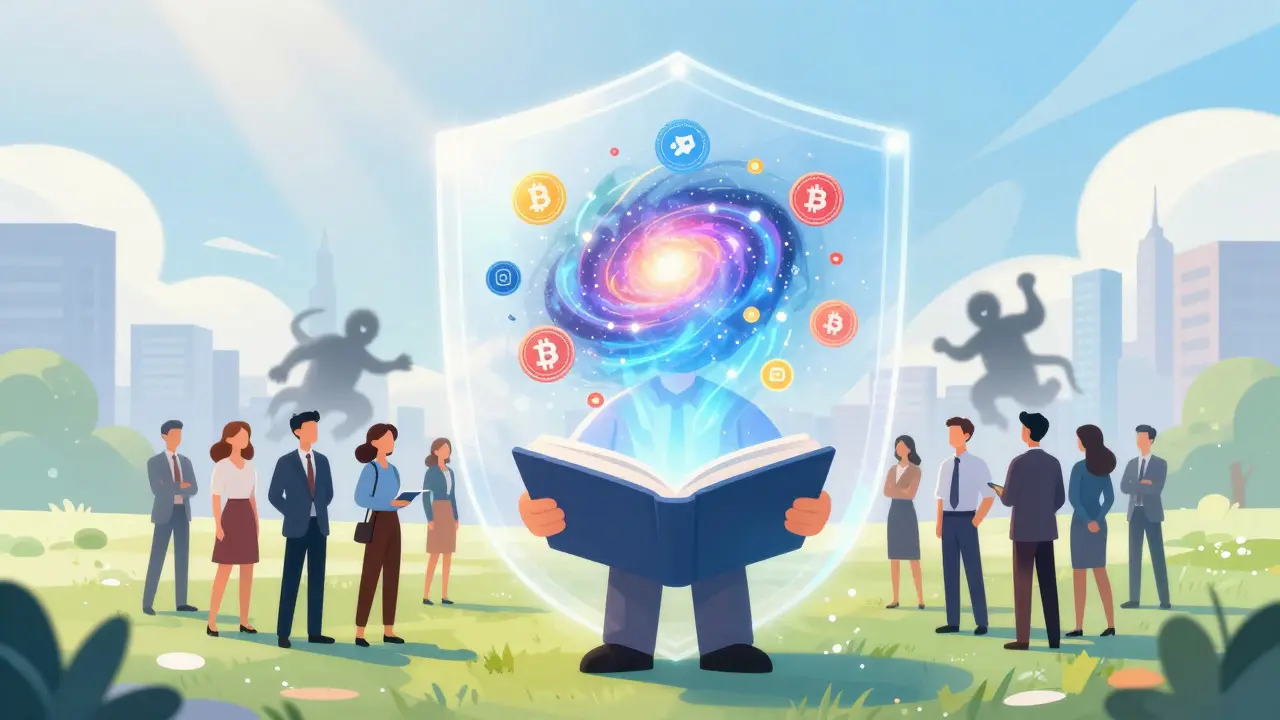 Illustration of a central figure projecting crypto assets while protecting investors with a light shield