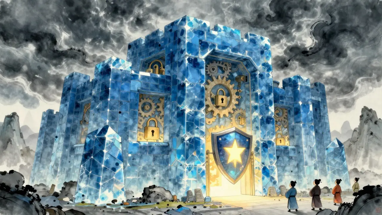 Illustration of a crystal fortress protecting crypto assets from storms