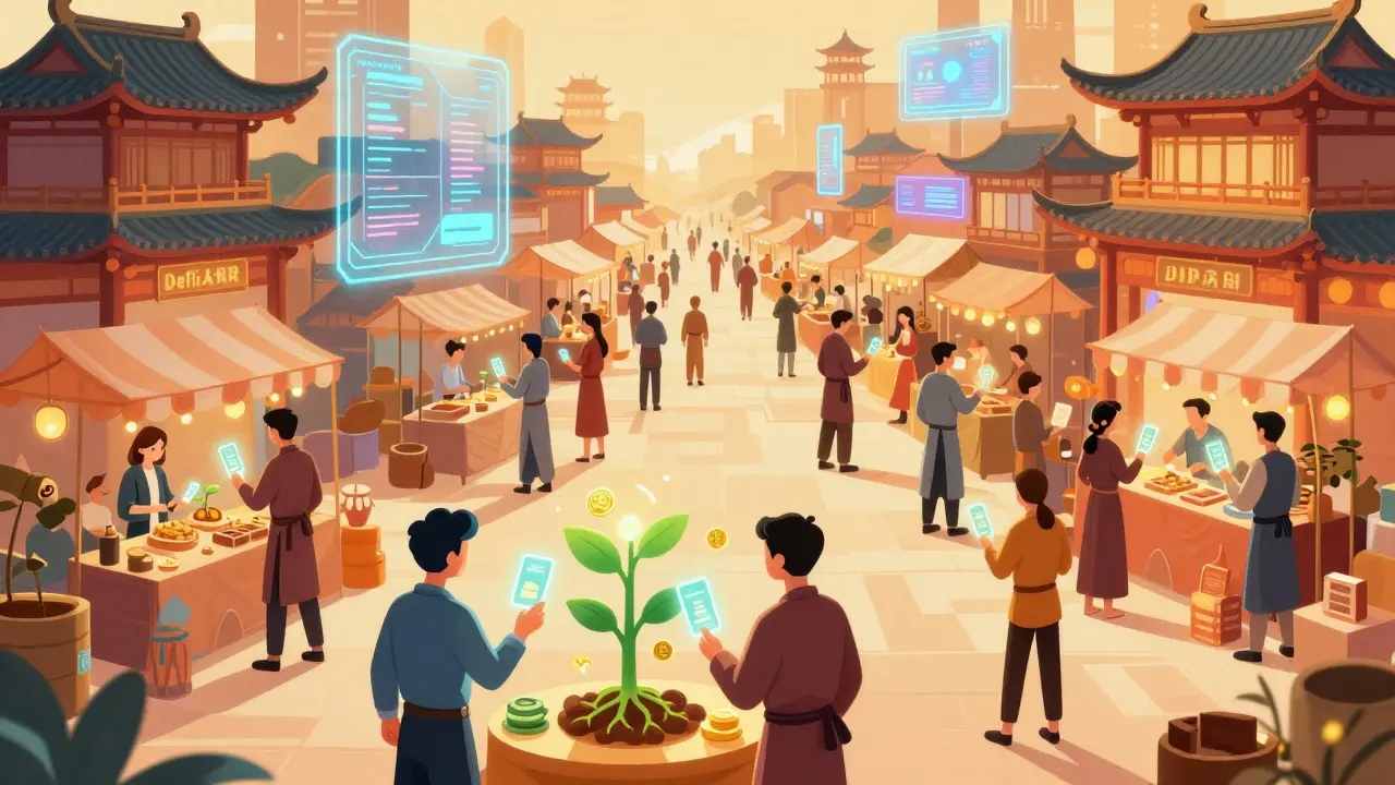 Illustration of a futuristic marketplace where merchants trade using stablecoins