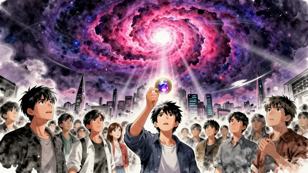 Illustration of a nebula forming over a city as people watch a token transform