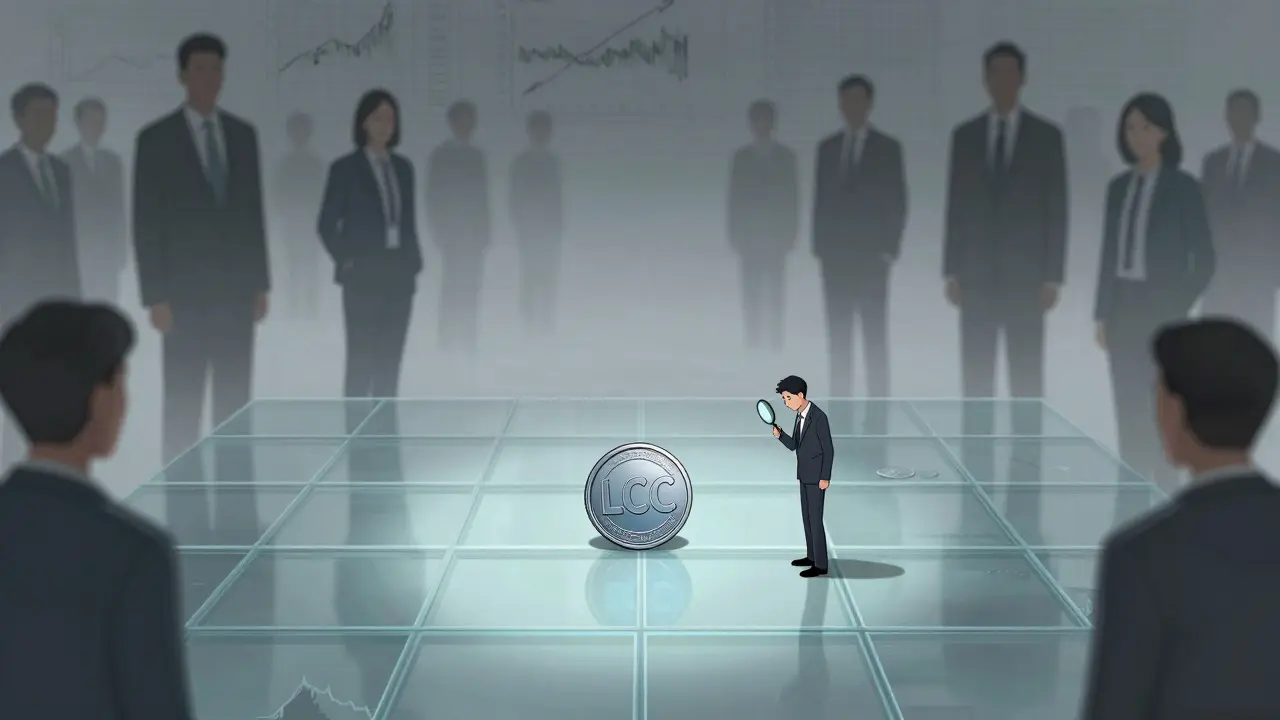 Illustration of a tiny coin sitting alone on a vast, empty trading floor surrounded by giants