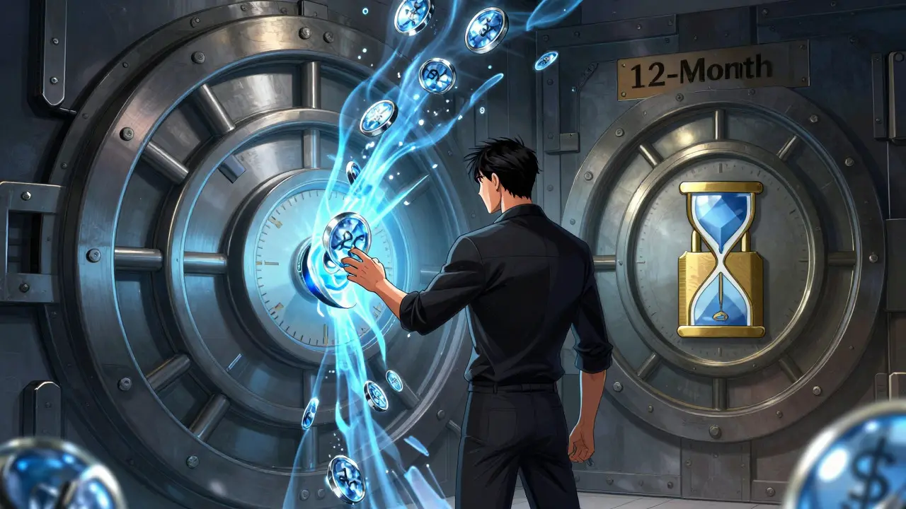 Illustration of locking crypto tokens in vaults for exclusive airdrop rewards