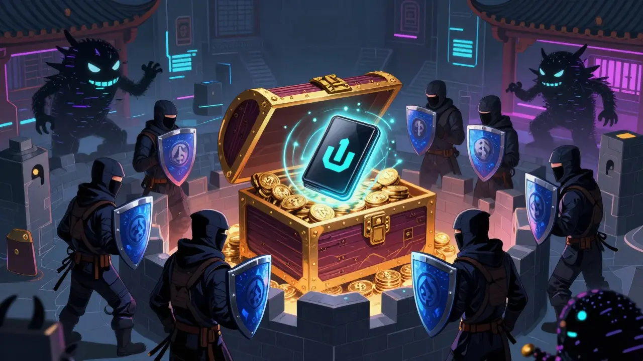 Illustration of secure crypto vault with hacker defenders