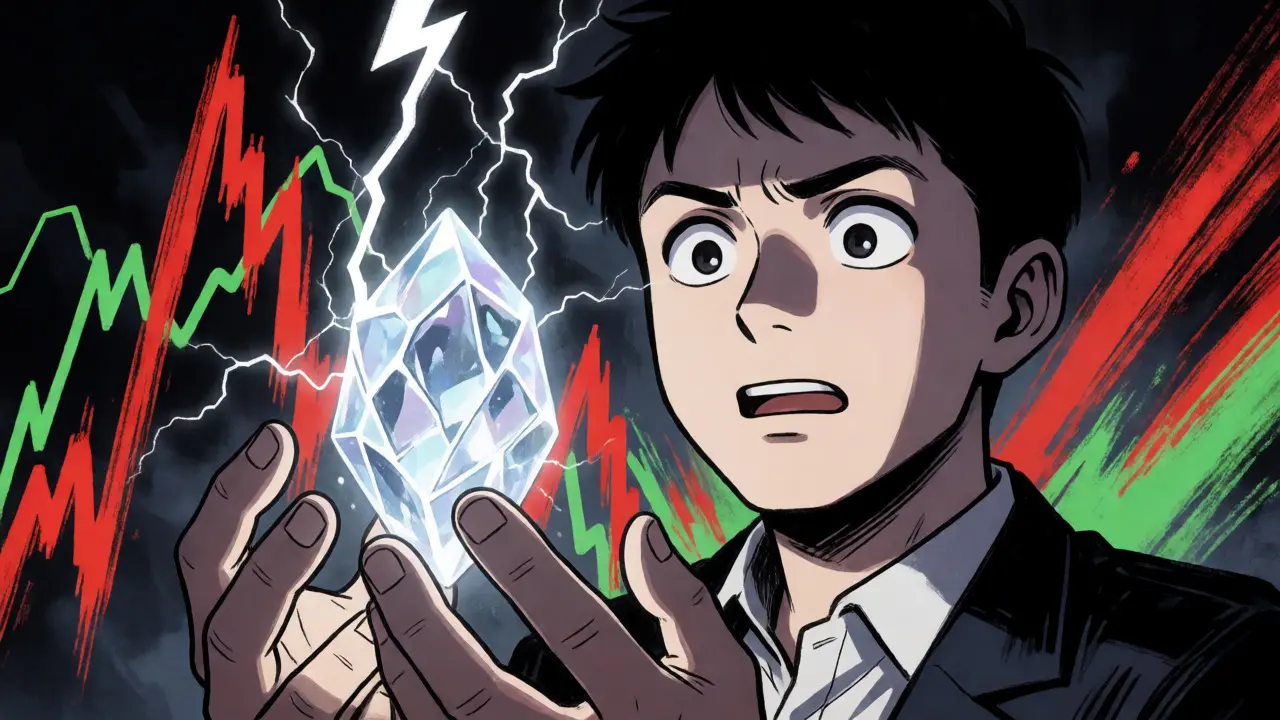 Investor holding glowing token amidst chaotic volatile market charts