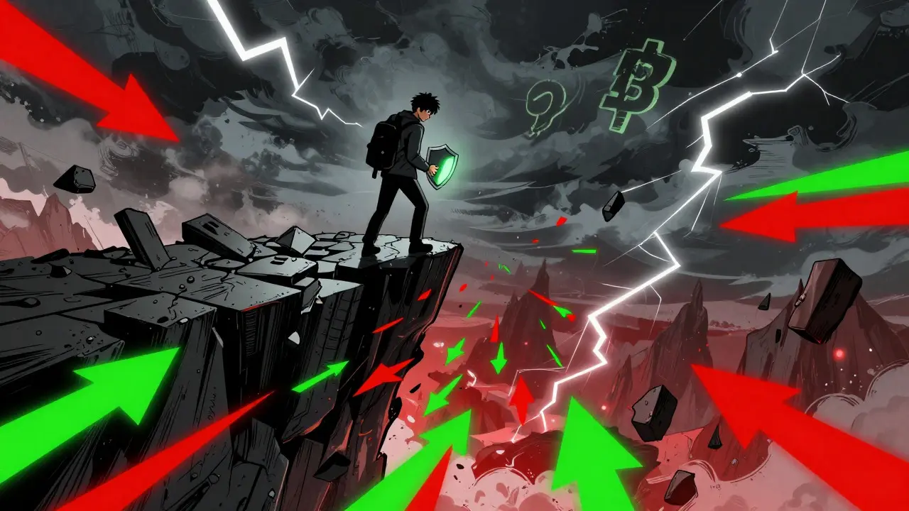 Manhua artist depicts trader standing on cliff edge amidst market storm