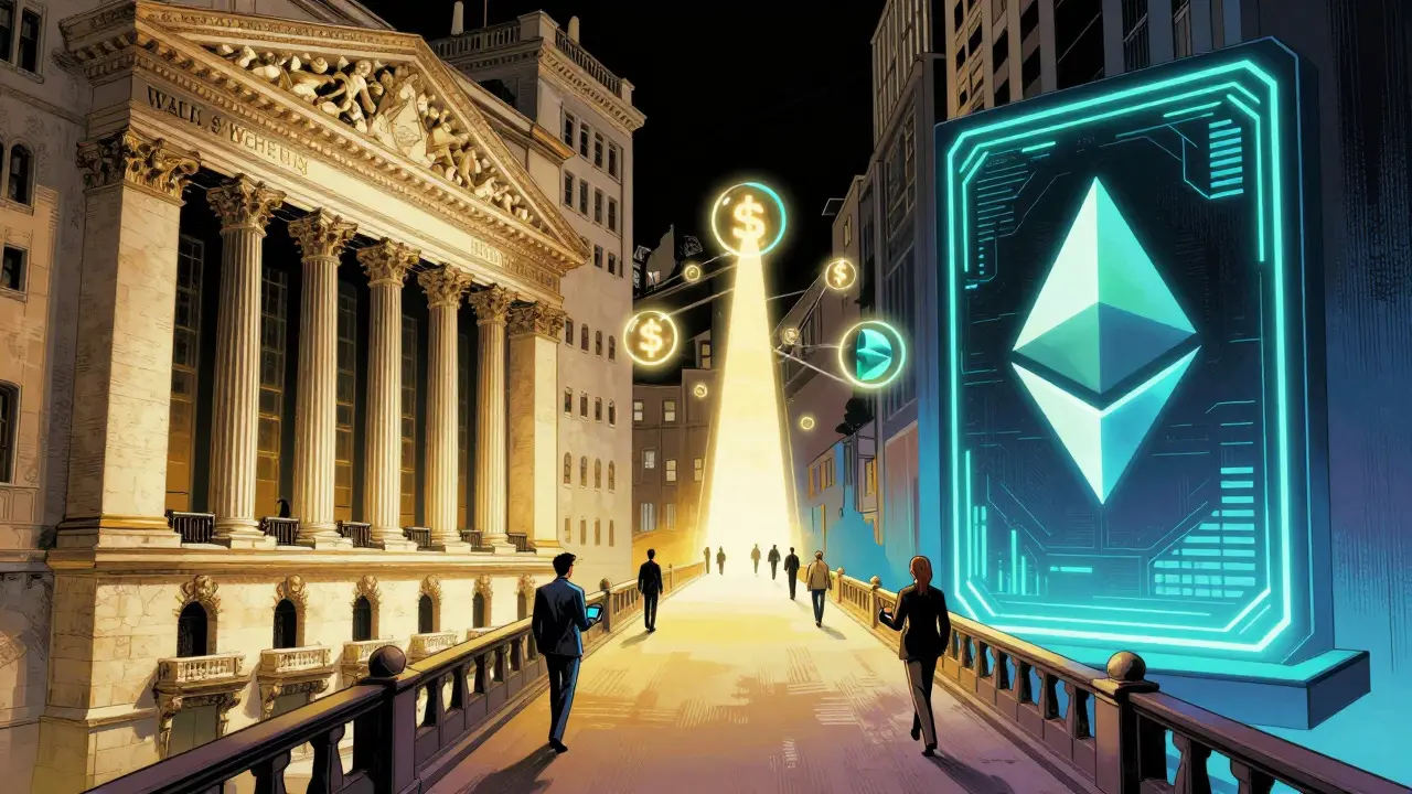 Manhua illustration of a bridge connecting traditional finance architecture to a digital portal