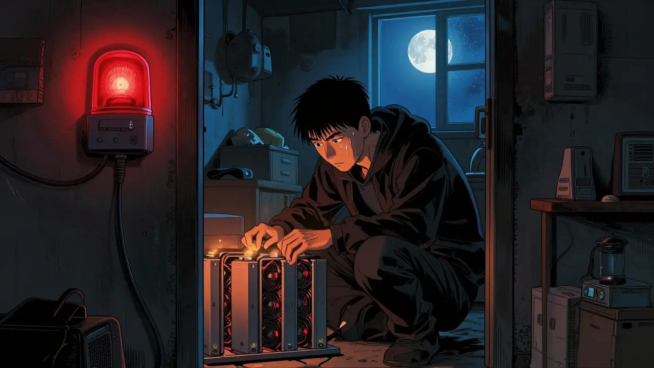 Manhua illustration of a person hiding small crypto miners in a tense, dim basement.
