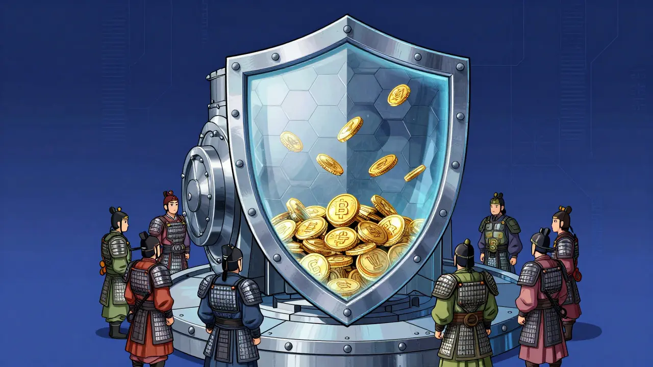 Manhua style depiction of a protective shield safeguarding digital assets and golden coins