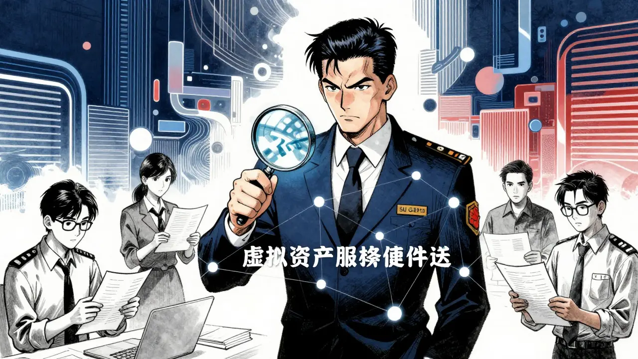 Manhua style drawing of a regulator inspecting digital networks with a magnifying glass