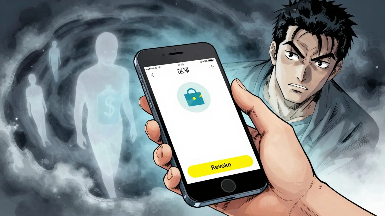 Manhua style drawing of a user revoking wallet permissions on a phone