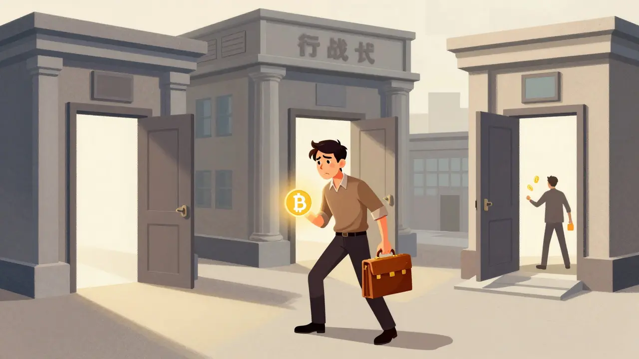 Manhua style image of an entrepreneur facing closed bank doors while holding digital assets