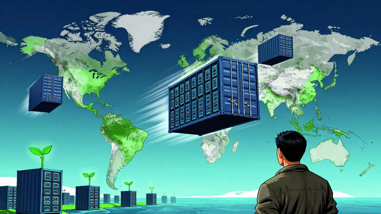 Manhua style image of shipping containers moving crypto mining gear globally from Asia.