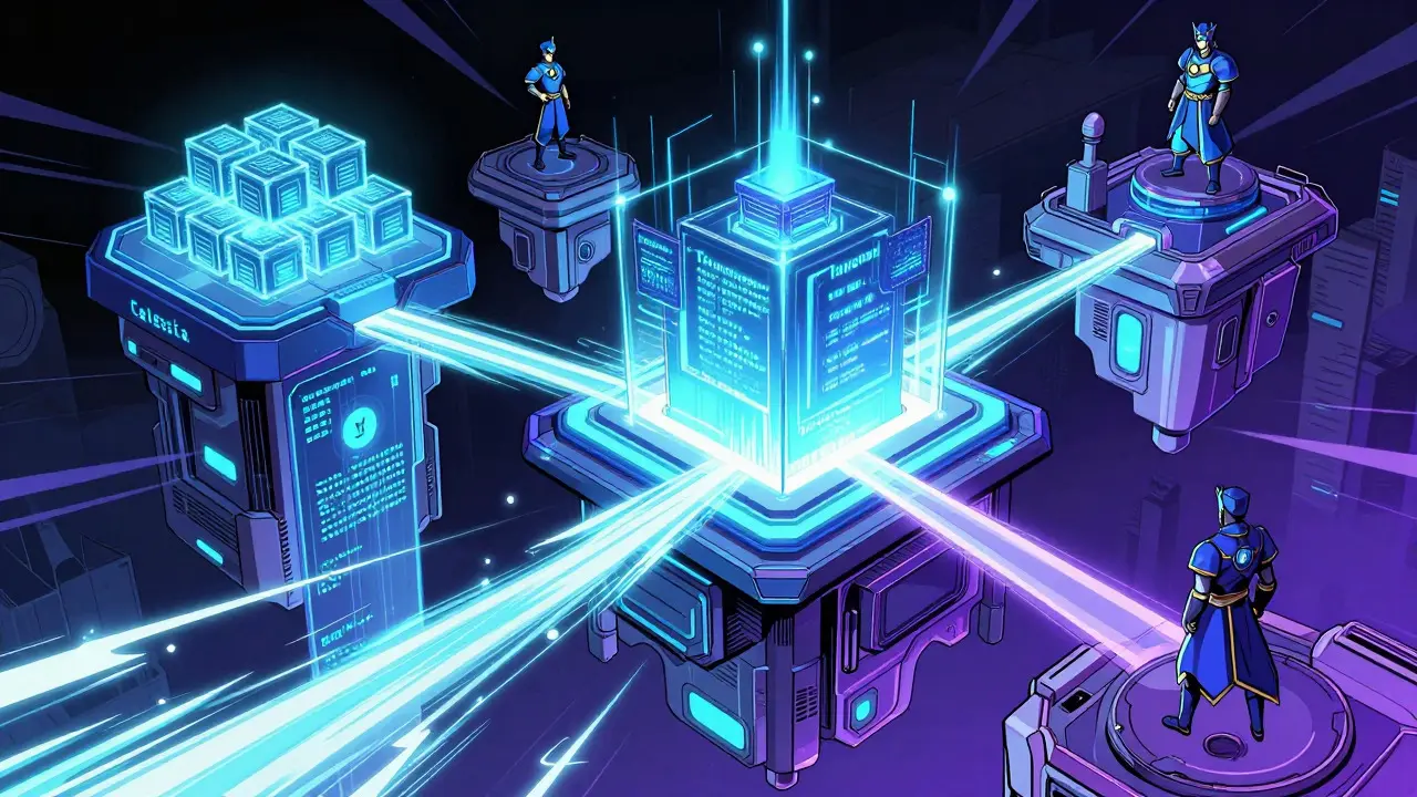 Modular blockchain layers with validators connected by restaking beams
