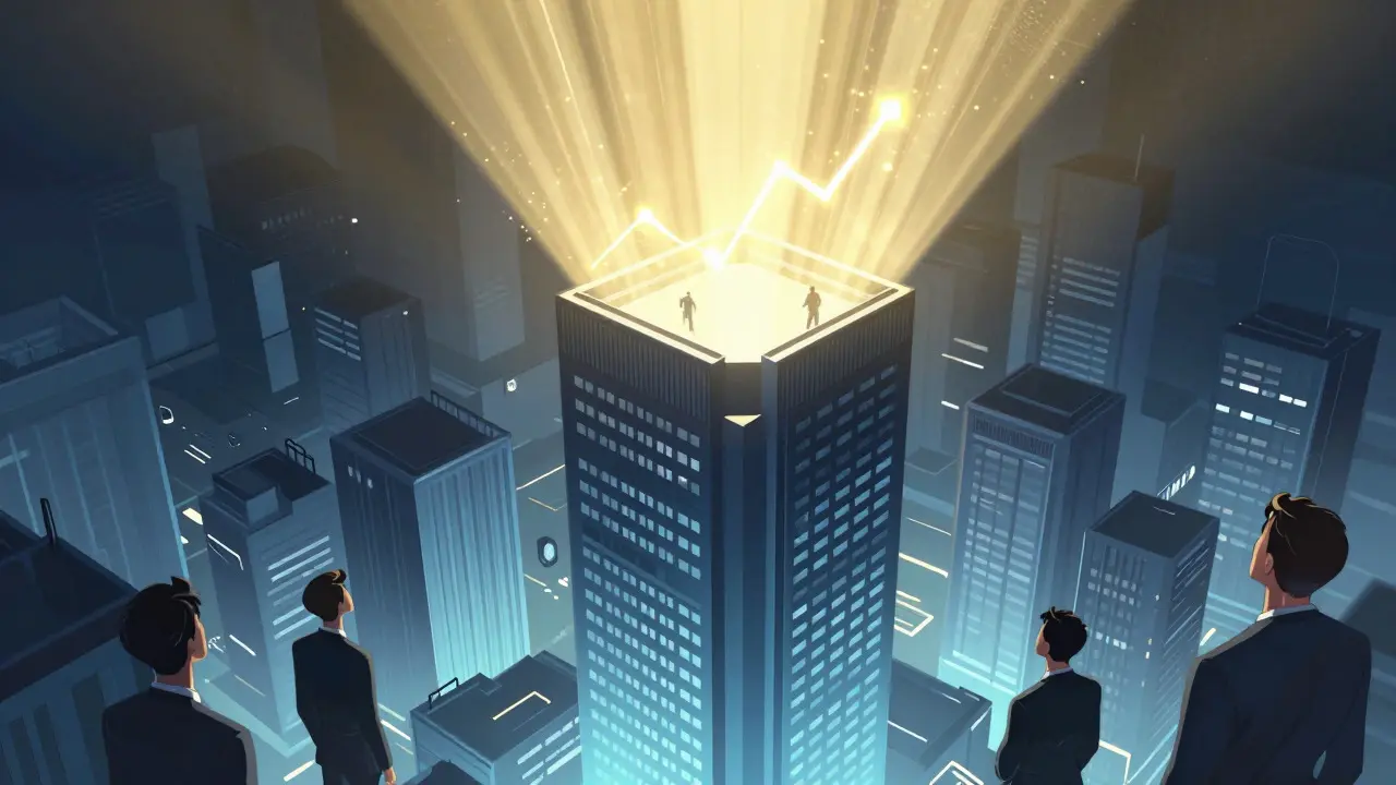 Skyscraper shining light on rising crypto trend line in manhua style