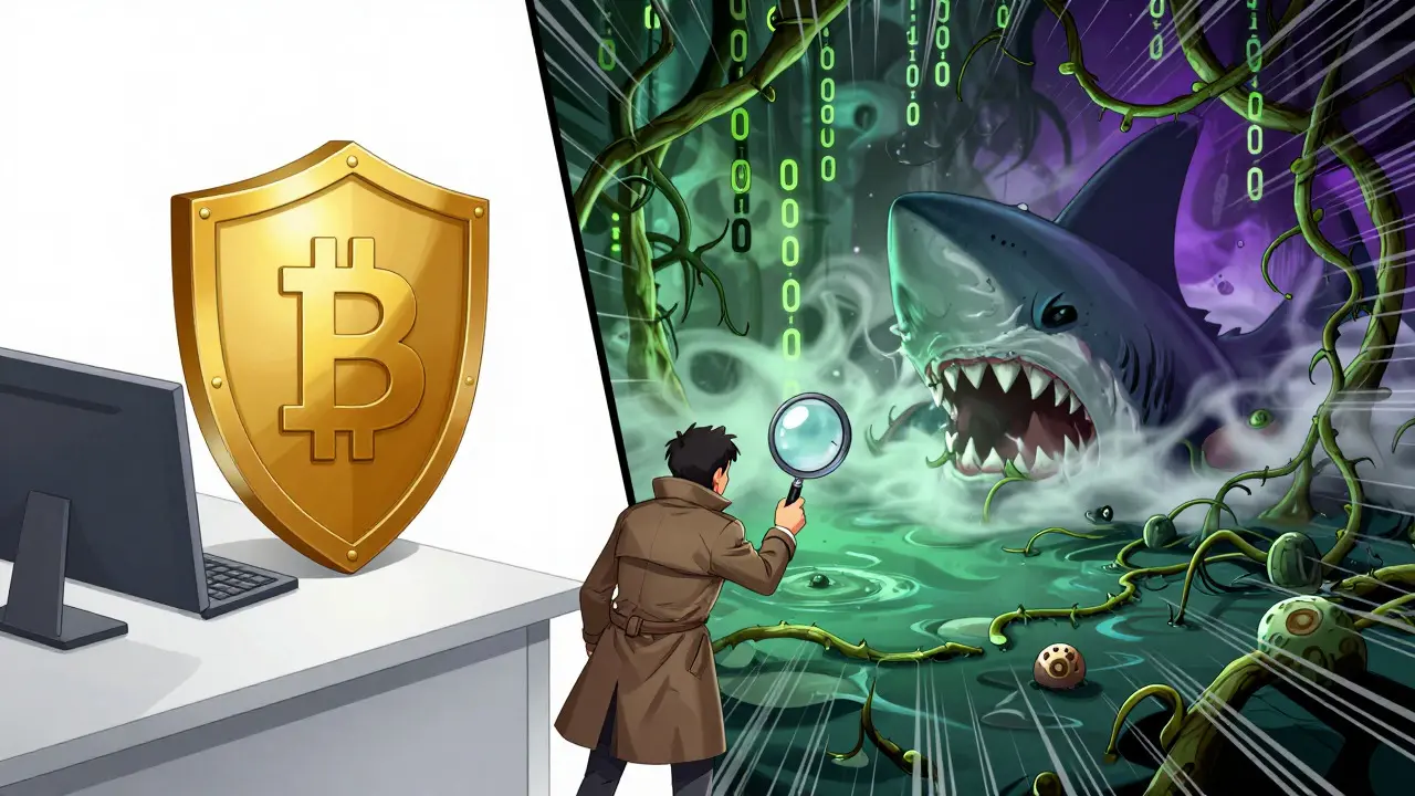 Split-screen manhua art comparing safe crypto projects with dangerous scams