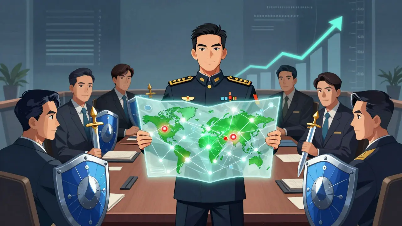 Strategic team analyzing a glowing blockchain map in a war room setting
