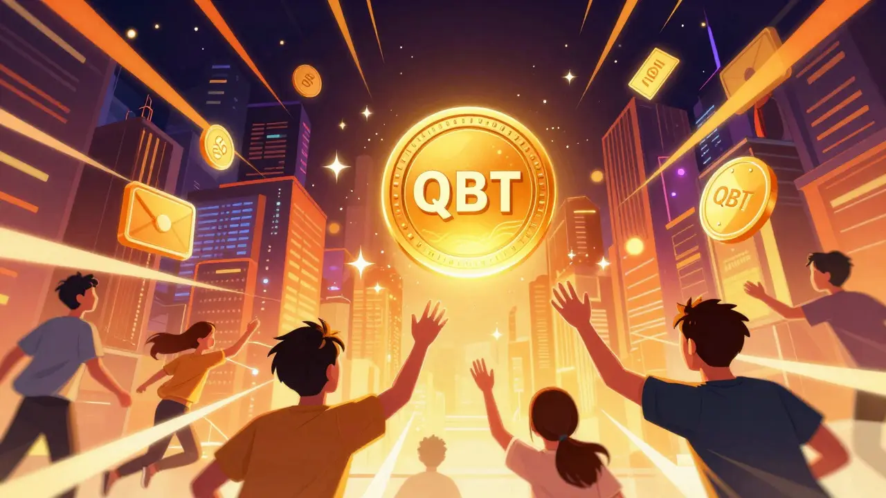 Stylized manhua scene of QBT tokens floating in a neon cyber-city.
