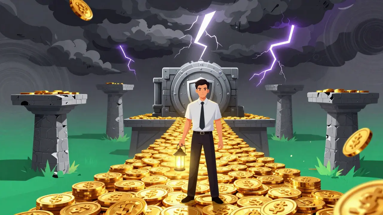 Trader navigating safe crypto strategies amidst chaos in manhua style
