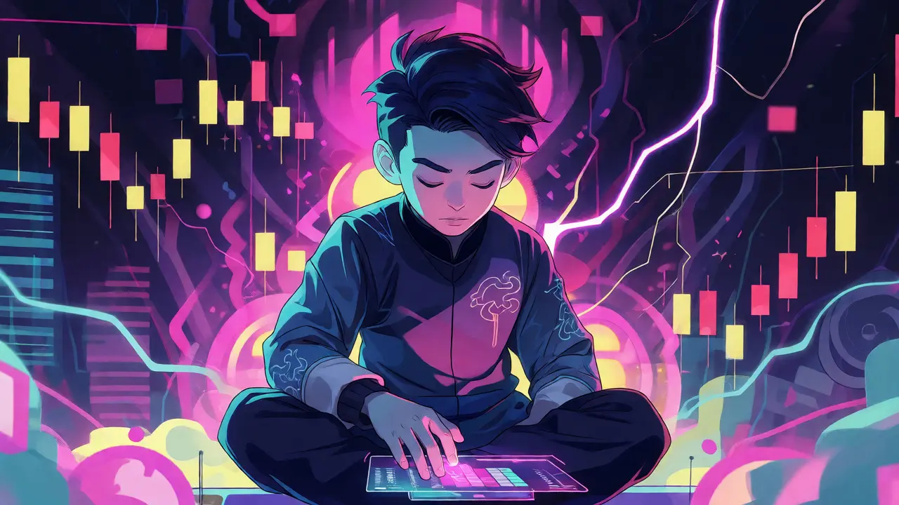 A focused crypto trader meditating amidst a storm of chaotic market charts and data streams.