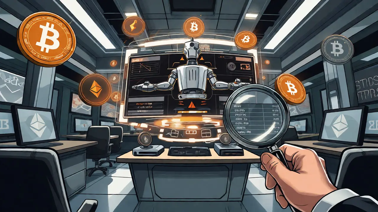 A high-tech trading room with a robotic bot and faded cryptocurrency icons indicating low liquidity.