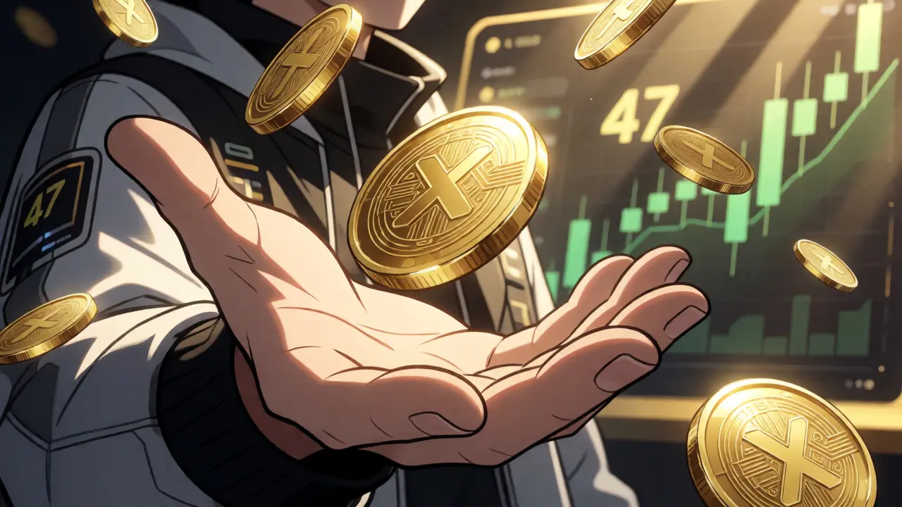 A person catching falling golden WMX tokens against a backdrop of rising charts.