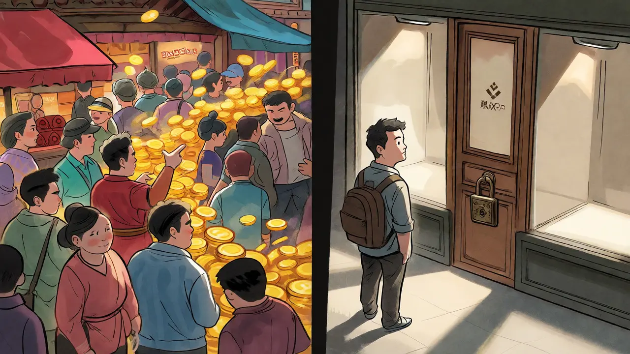 A traveler comparing a busy crypto marketplace with a quiet, secure, but empty exchange shop.