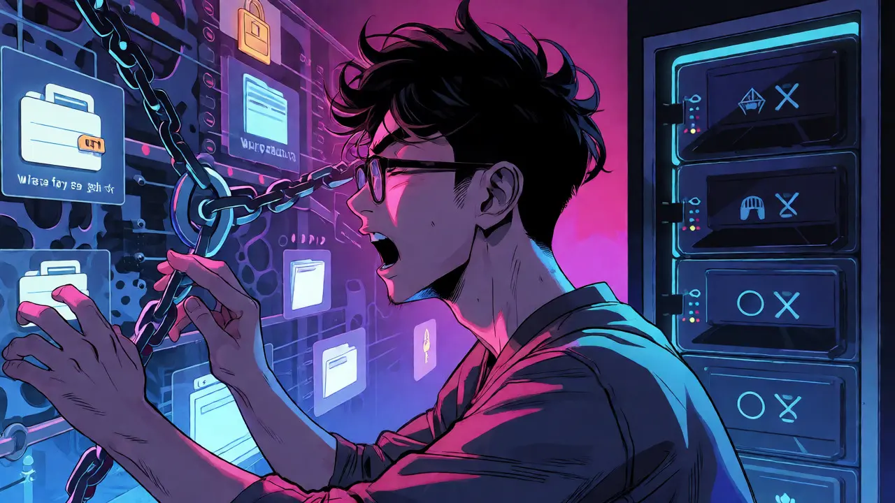 Anime-style depiction of users struggling with complex crypto wallets and encryption barriers.