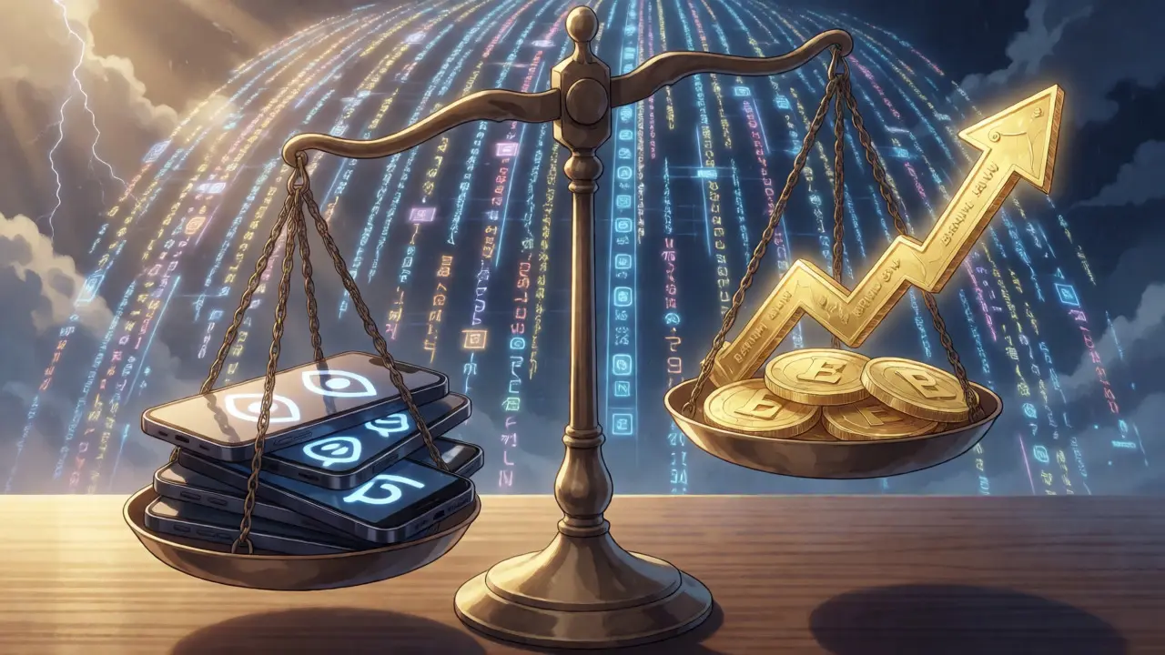 Balance scale comparing smartphone attention to rising token value