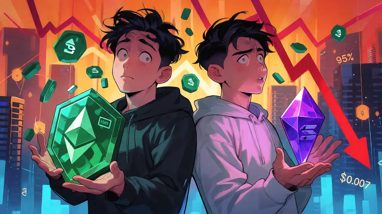 Cartoon depiction of two characters confused by identical FOG tokens amidst a crashing price chart.