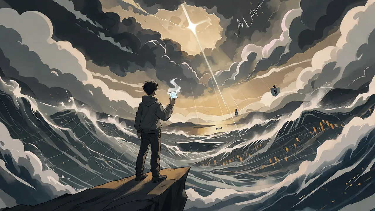 Character holding an NFT card on a cliff overlooking volatile crypto market waves.