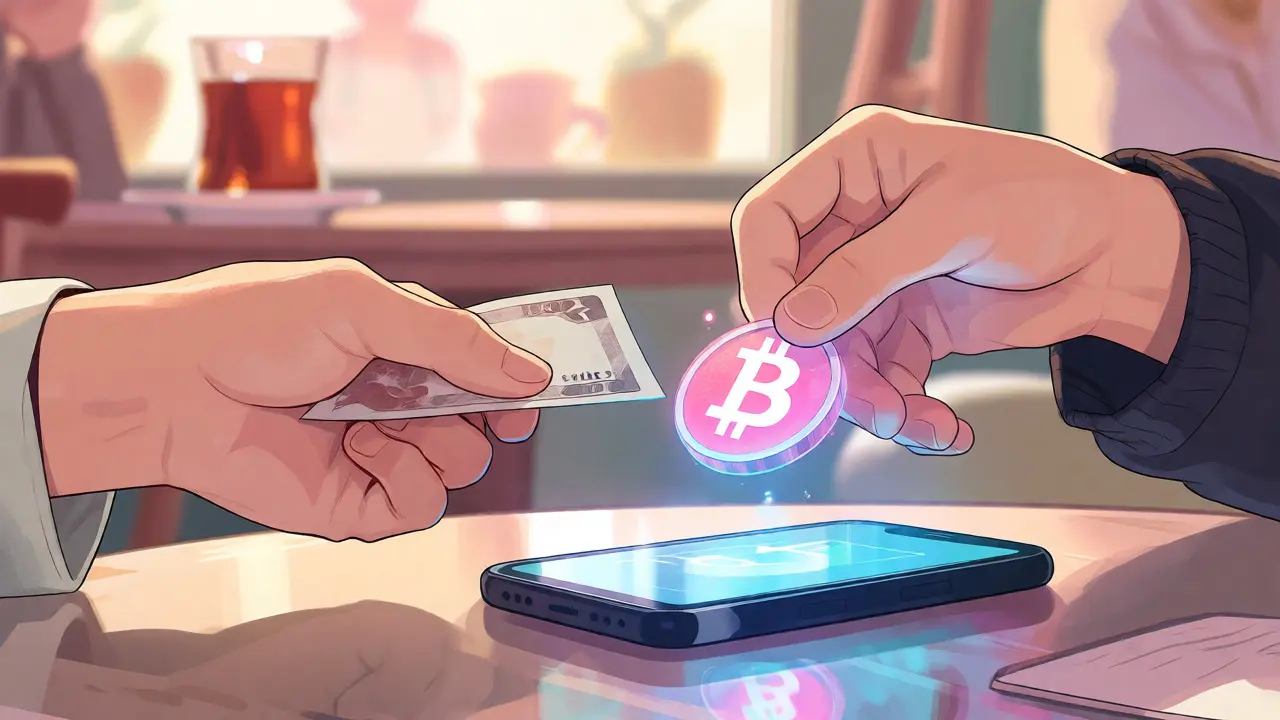 Close-up of exchanging cash for digital crypto tokens in a relaxed cafe setting.