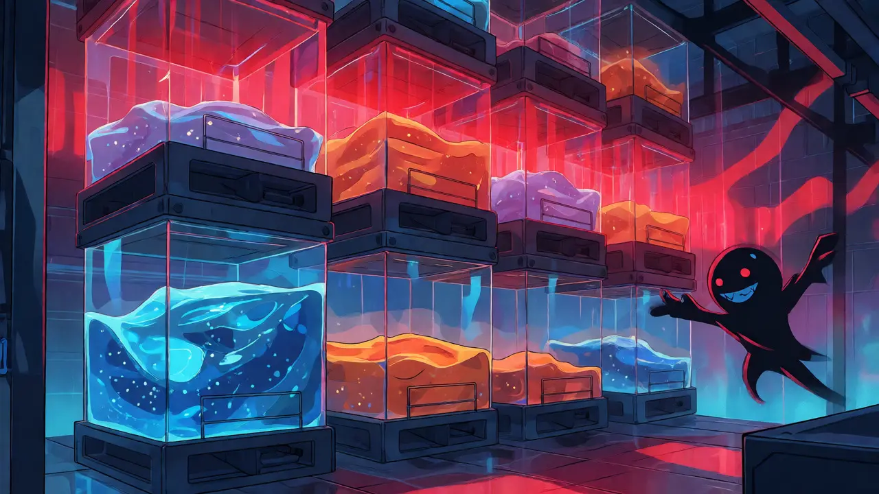 Conceptual art of bin-based liquidity vaults blocking an arbitrage bot with red light barriers.