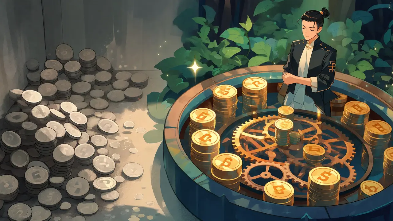 Contrast between stagnant grey coins and active golden yield-generating gears