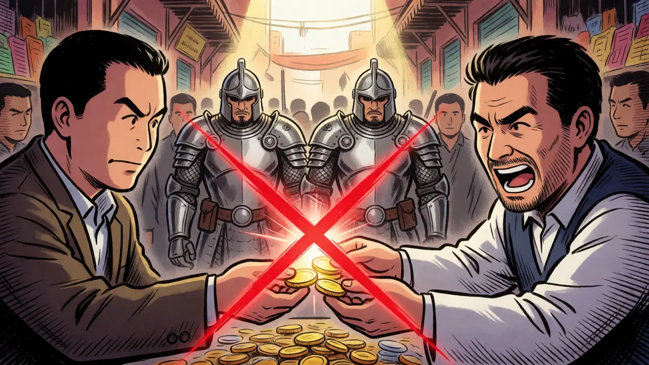 Crypto transaction blocked by regulatory barriers in a vibrant Moroccan market.