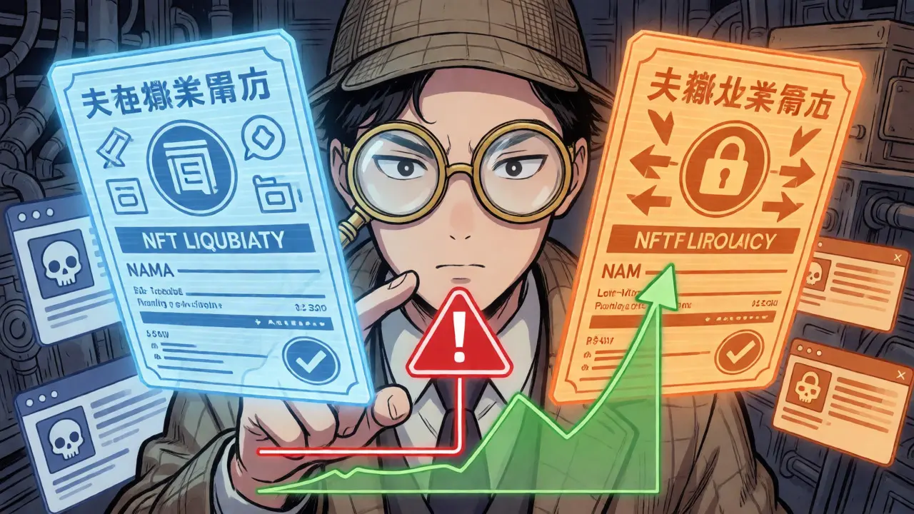 Detective character verifying token contracts and checking trading volume risks in manhua style.