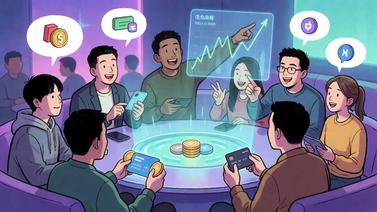 Diverse group of users interacting in a futuristic social crypto marketplace in manhua style.