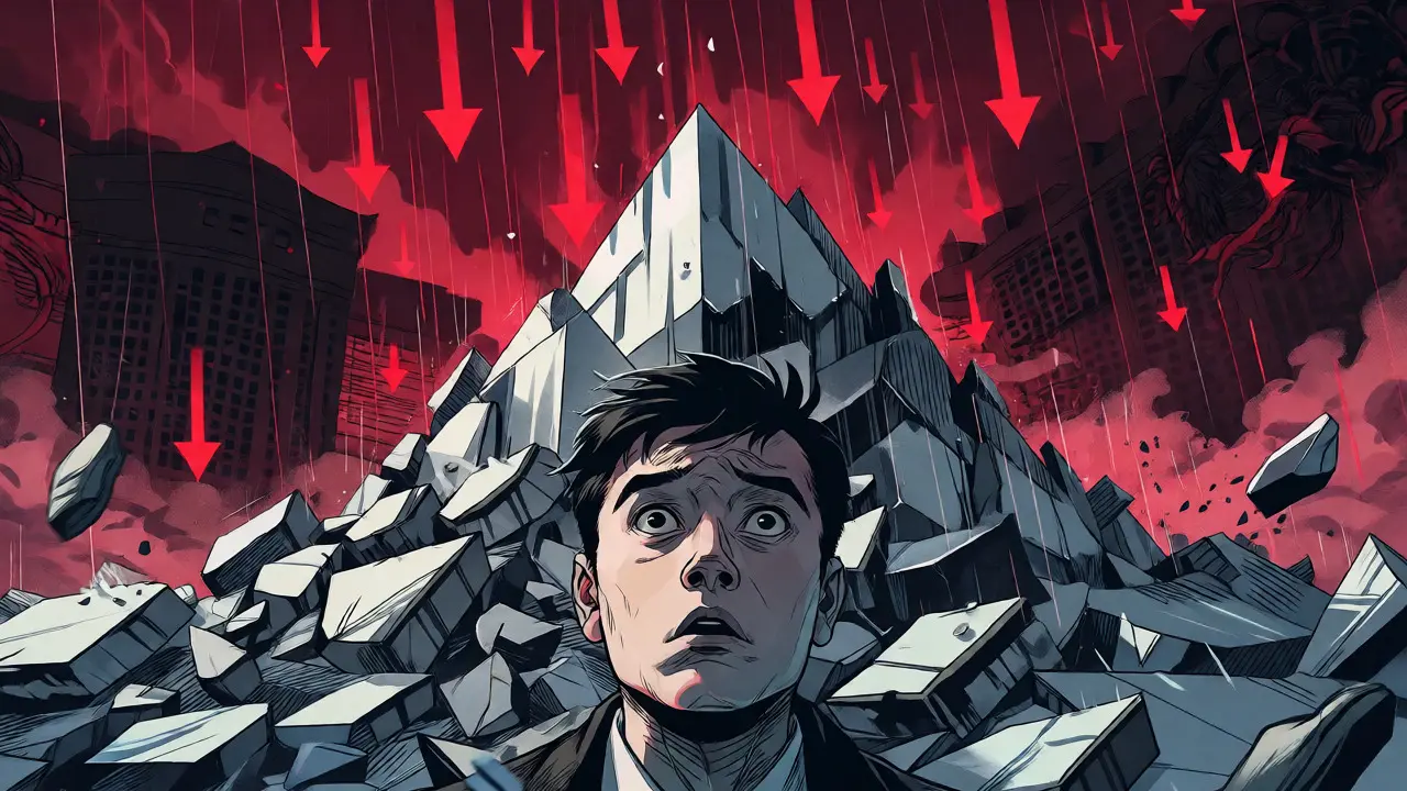 Dramatic scene of a market crash with shattering peaks and falling red arrows.
