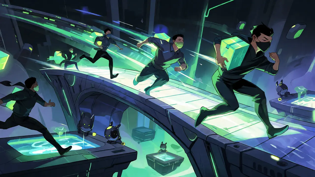 Dynamic manhua artwork showing fast bonders racing across a light bridge between Layer-2 networks to transfer assets instantly.