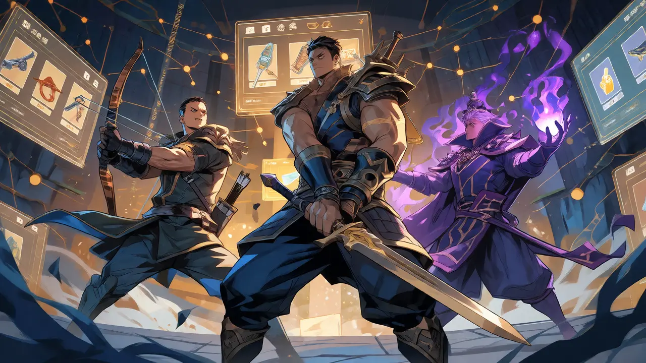 Fantasy warriors battling in a digital arena with floating NFT items