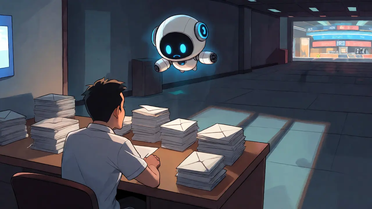 Frustrated trader waiting for support while a robot assistant hovers nearby in dim light