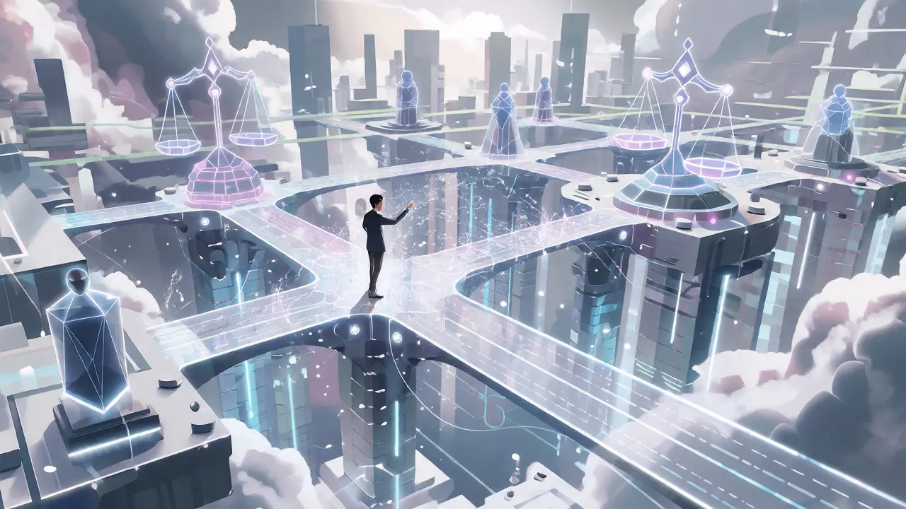 Futuristic city connected by secure hybrid blockchain bridges guarded by oracle sentinels.