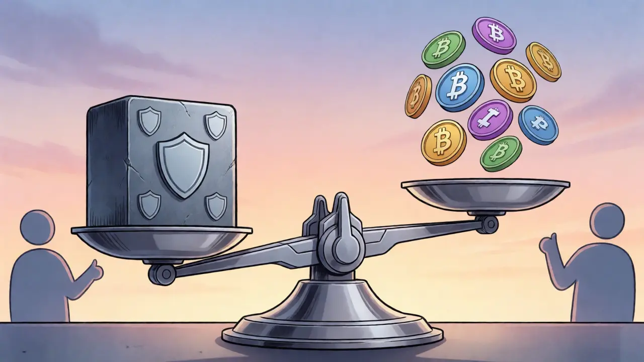 Futuristic scale balances security shields against NFTs and tokens, illustrating platform stability and variety.