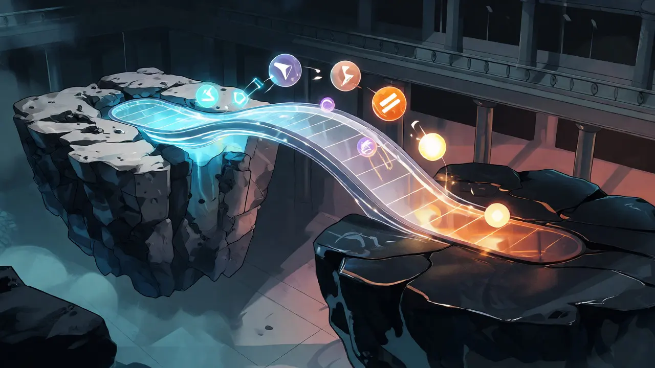 Glowing bridge connecting blockchain islands with growing energy orbs