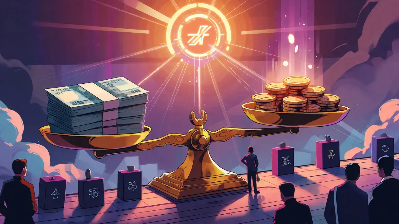 Golden scales balancing rubles and crypto under the digital ruble concept.