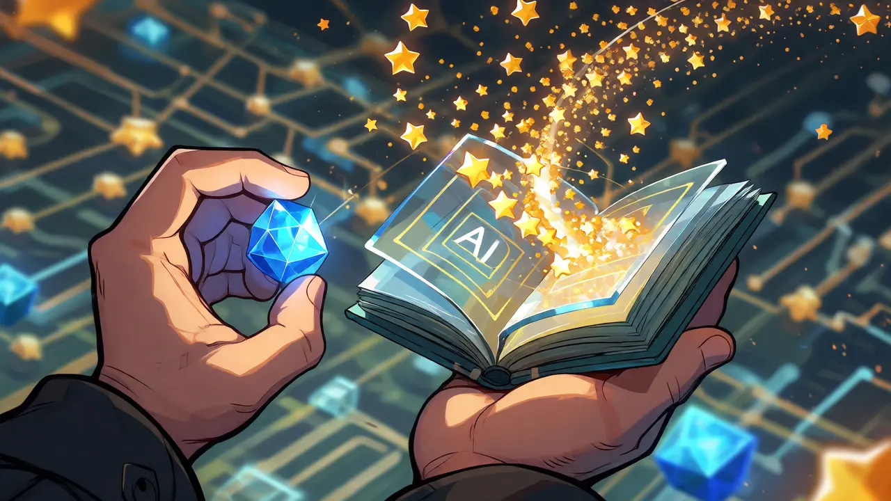 Hands exchanging a blue gem for golden star particles from a floating magical ledger