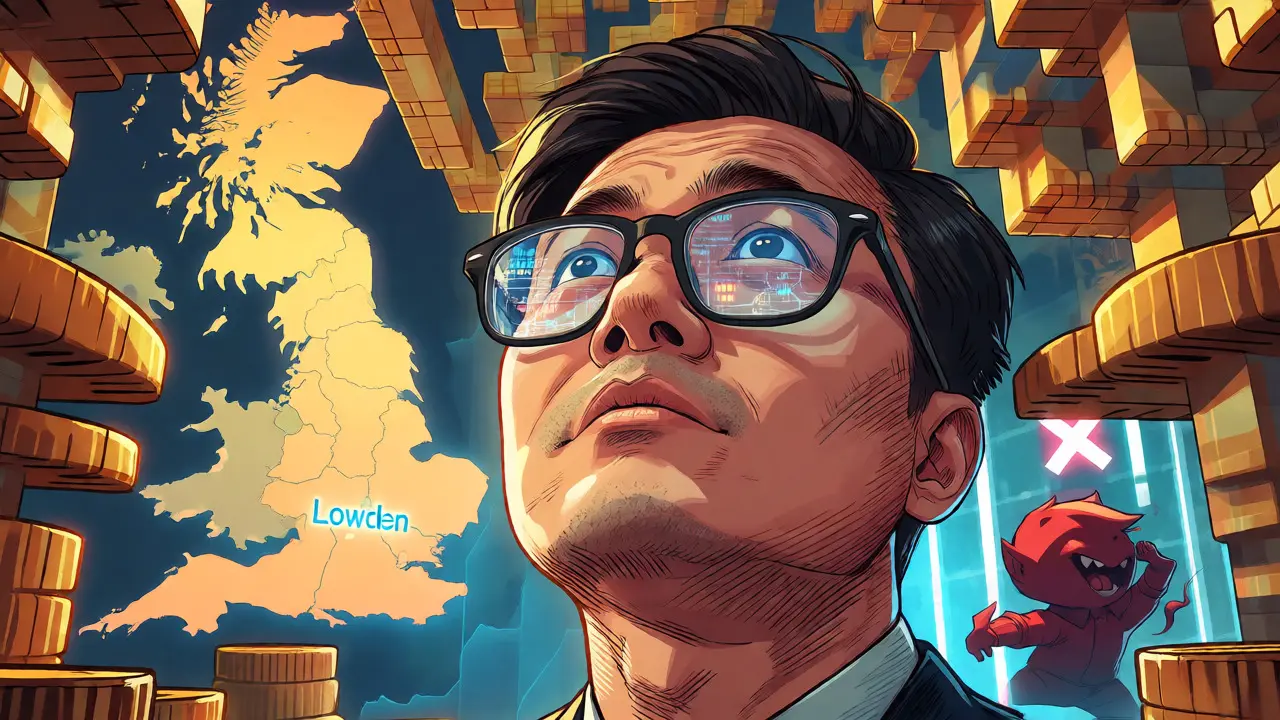 Illustration of a businessman analyzing a crypto-financial structure with a UK map and compliance barriers.