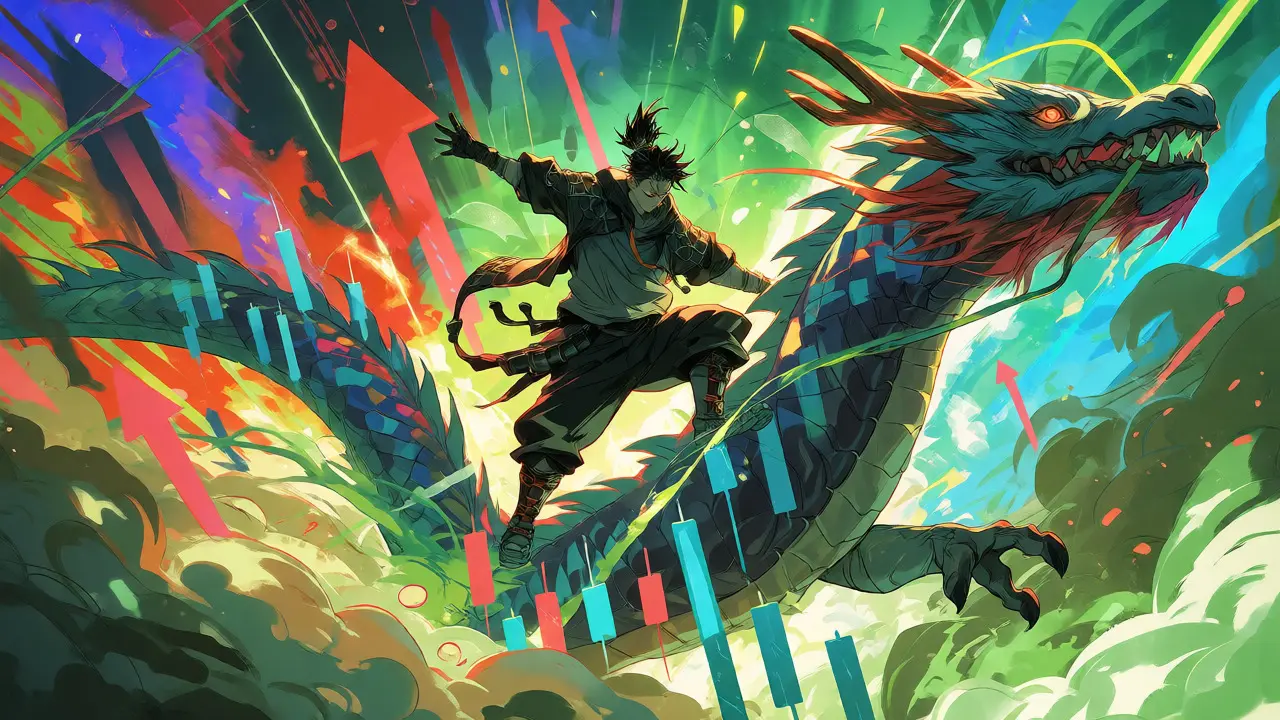 Illustration of a rider on a chart-dragon soaring through a colorful bull run.
