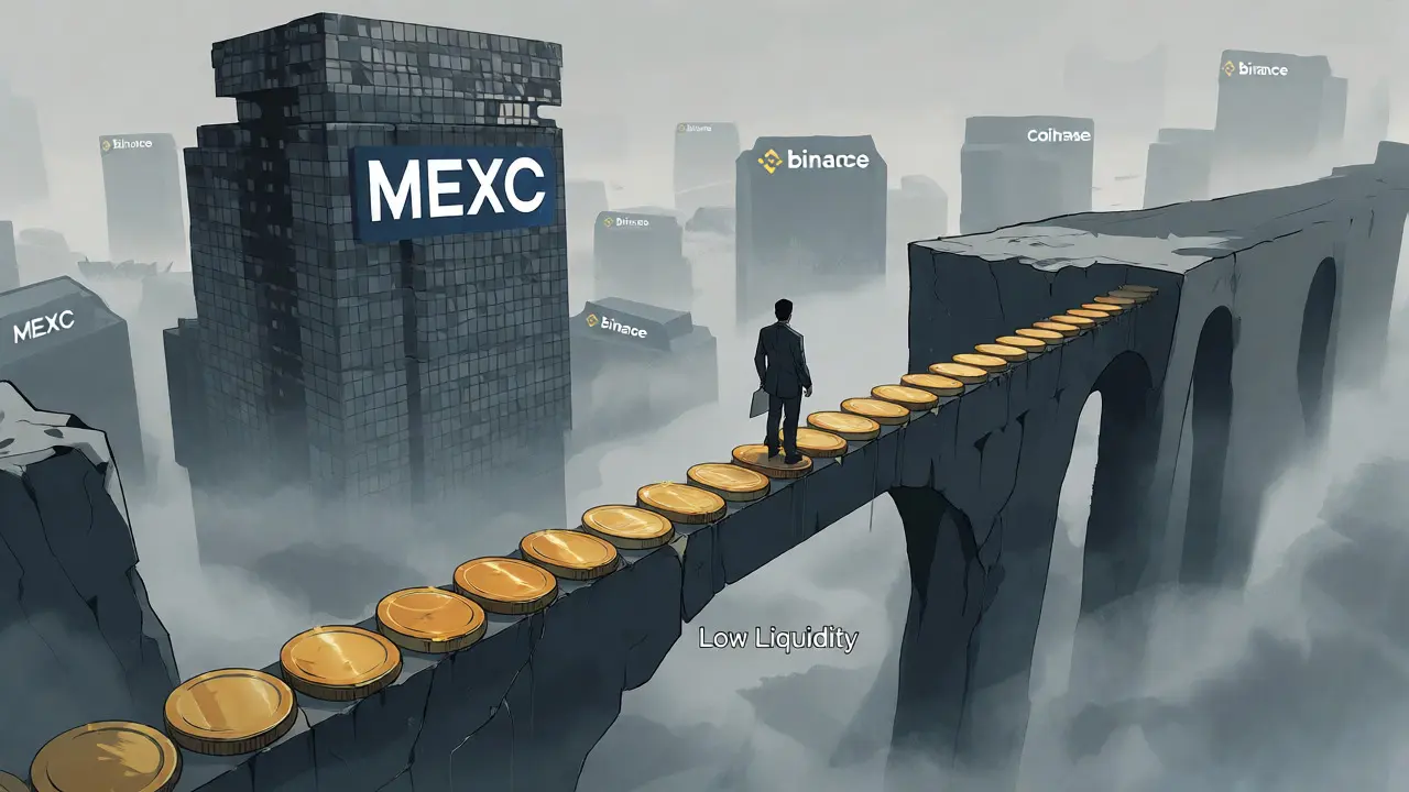 Illustration of an investor on a thin coin bridge facing a dominant MEXC exchange tower.