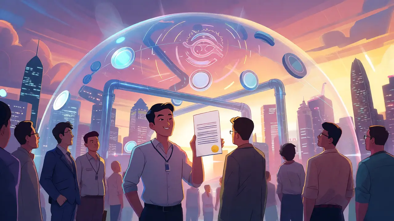 Illustration of traders operating safely under a global regulatory framework dome.