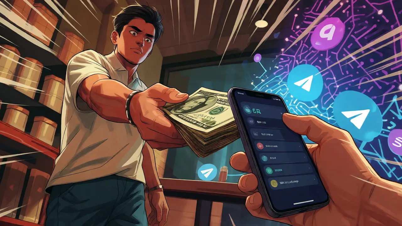 Intense peer-to-peer crypto trade involving cash and smartphone transfer in a cafe.